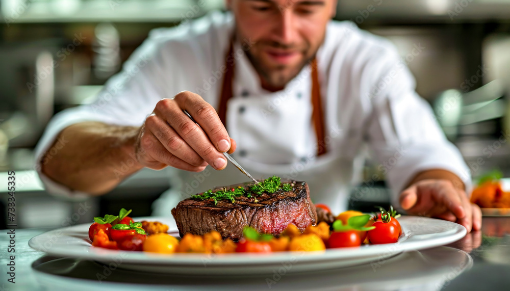 Male Chef Garnishing Gourmet Dish in Restaurant Kitchen Male Chef Garnishing Gourmet Dish in Restaurant Kitchen