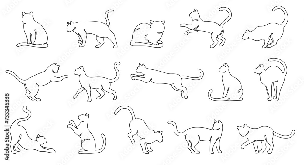 Continuous one line cats. Minimalist feline outlines, various cat poses and kitten activities hand drawn vector illustration set