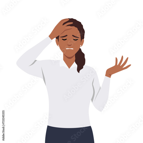 Young woman hold her head because of illness or stress at work. Flat vector cartoon style isolated