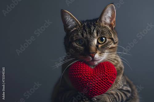 cat holding a red knitted heart