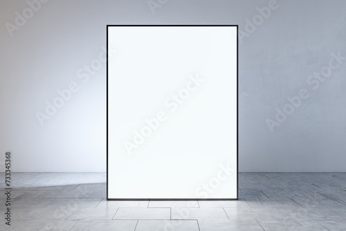 Simple light gallery interior with blank white mock up banners. Museums and exhibition concept. 3D Rendering.