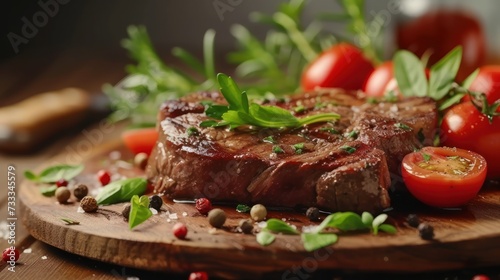 Delicious beef steak with fresh herbs and tomatoes on a wooden table.