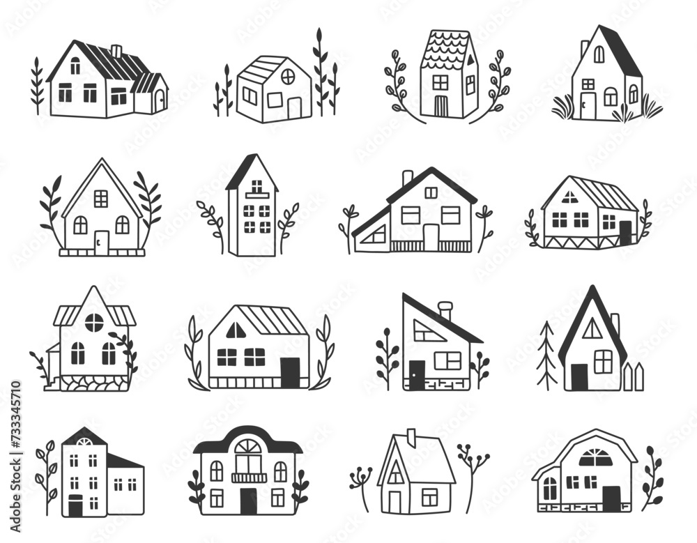 Hand drawn cozy houses. Minimalist line art cottage, vintage country house and sweet home vector doodle illustration set