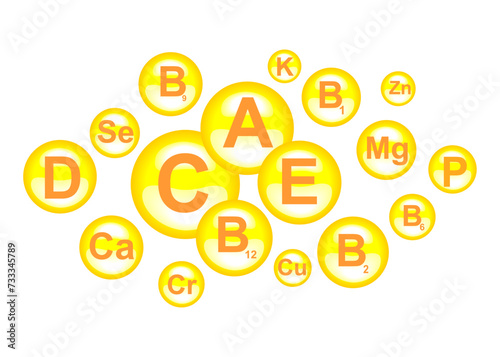 Set Vitamins isolated on White background. Set of Multi Vitamin complex icons. Multivitamin supplement. Vitamin A, B group B1, B6, B12, C, D,  E, K. Essential vitamin complex. vector illustration