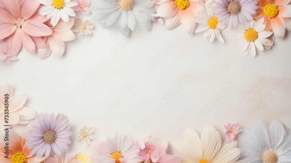 Soft pastel floral border with pink and white daisies on a textured background. Flat lay composition with place for text. Spring and nature concept for design and print