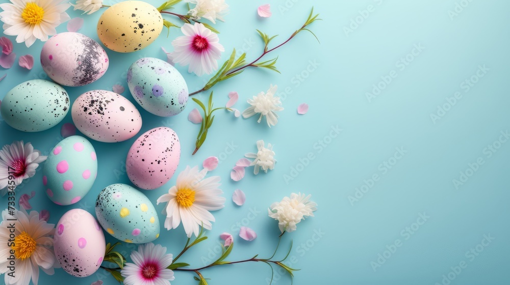 Colorful speckled Easter eggs with spring daisies on a pastel blue background. Festive and vibrant Easter egg decoration with fresh spring flowers. Flat lay composition with copy space.