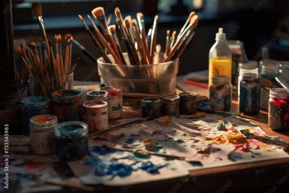 Artistic Paintbrushes and Paints on Table Artistic Paintbrushes and Paints on Table