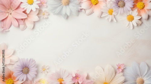 Soft pastel floral border with pink and white daisies on a textured background. Flat lay composition with place for text. Spring and nature concept for design and print © Irina.Pl