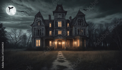 Creepy old house ripe for haunting this Halloween; perfect for a spooky event or fairy tale inspired poster. photo