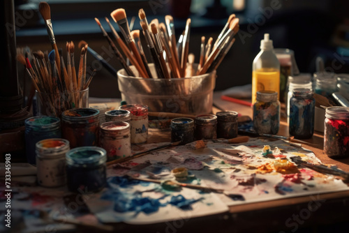 Artistic Paintbrushes and Paints on Table