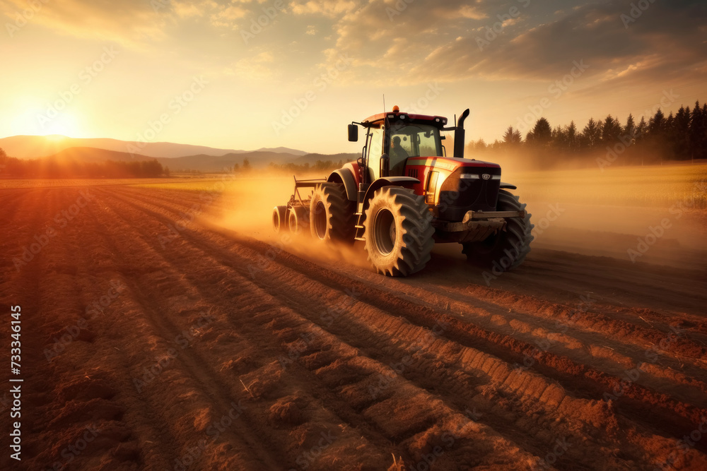 Fototapeta premium Tractor Plowing Field at Sunset in Rural Landscape