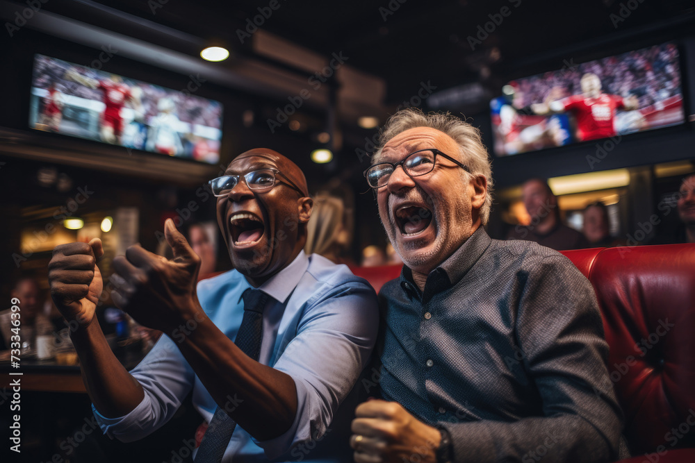 Two mature man friends soccer fan support team in pub