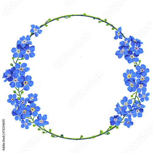 A round frame with blue forget-me-nots in a wallpaper for your product design, postcards, invitations, labels, window decoration and advertising with a spring theme, print for clothes and textiles.