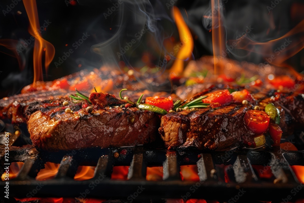 Grilled steaks with fresh herbs and tomatoes on an iron grate with fire flames.
