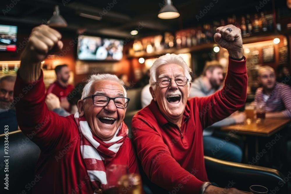 Two mature man friends soccer fan support team in pub