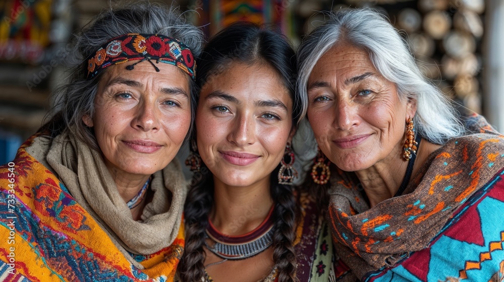 Indian women family generations, smiling female native Americans portrait