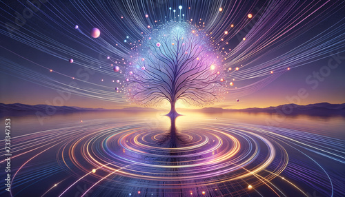 Surreal Tree of Technology: Majestic branches transform into glowing fiber-optic cables, connecting with stars.
