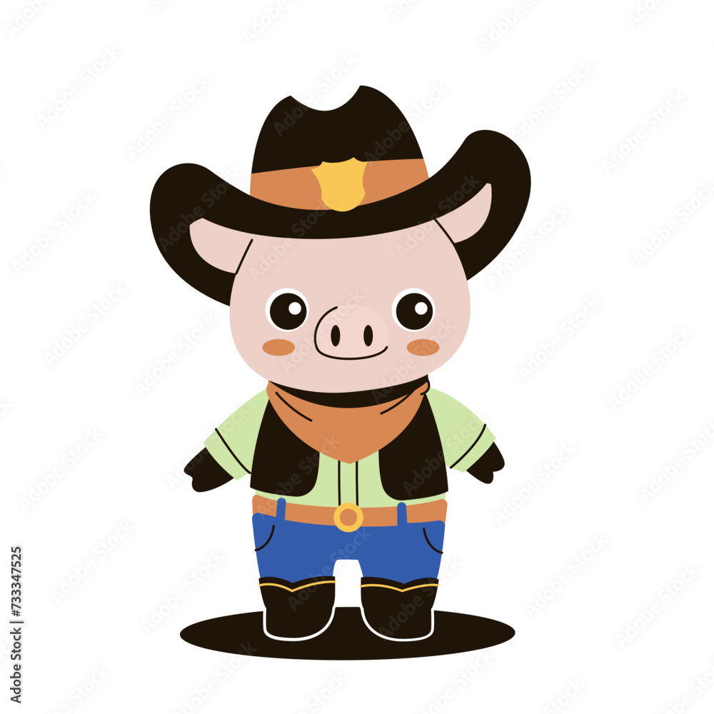 Pig in Cowboy Costume, Flat Concept Style