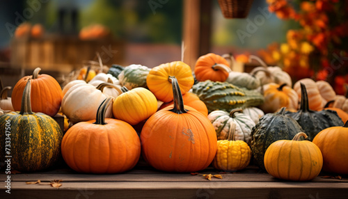 Autumn background with colorful pumpkins and gourds