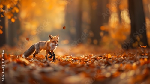 Fox running in an autumn forest