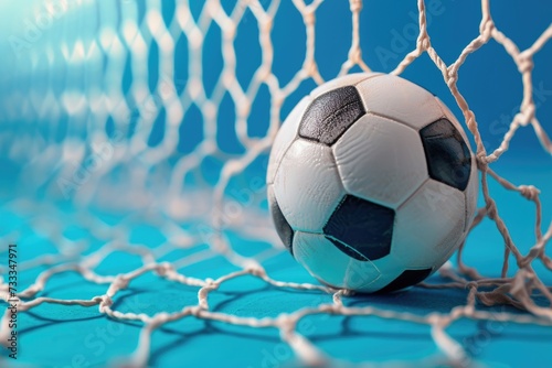 Soccer ball in goal on blue background