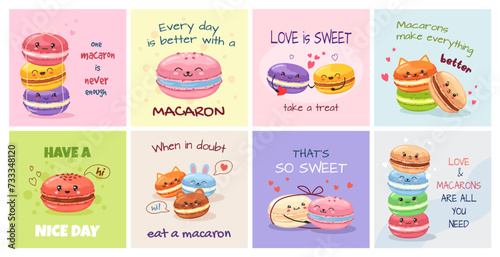 Kawaii macaron cards. French dessert bakery posters with cute macarons characters and slogans vector illustration set