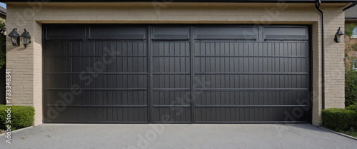 Shutters, gates, steel doors, loading section, garage view. locking mechanism. black. wide format.  photo
