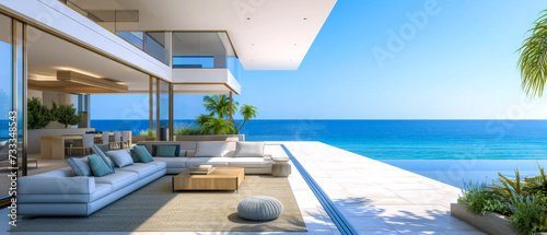 A luxury Tranquil Beach House Living Room with Panoramic Ocean Views. A beautiful summer vacation. © jonathon