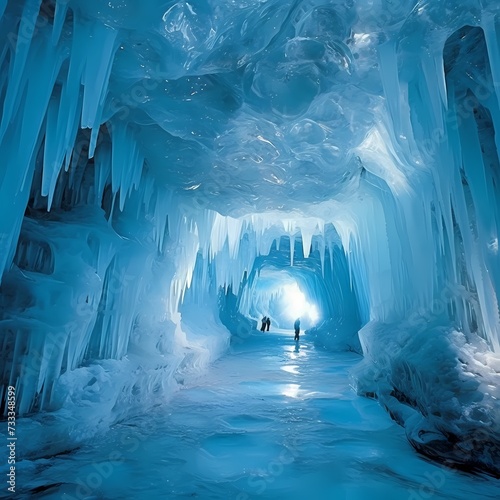 Majestic Ice Cave with Explorers Illuminated by Ethereal Light