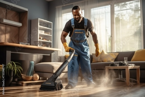 African american ethnicity Man from professional cleaner service, clean the flat