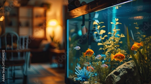 Home aquarium cozy interior with fish pet animall wallpaper background photo