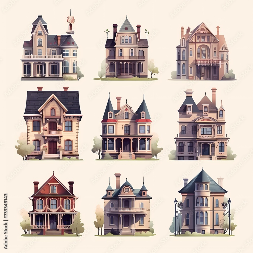 Collection of Nine Stylized Victorian Houses with Distinct Architectural Features