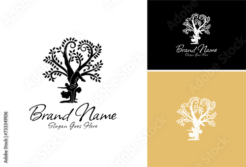 Set of silhouette woman in a tree pose. Сollection of meditating people in various poses with the tree of life. Healthy lifestyle theme. Yoga logo design.
