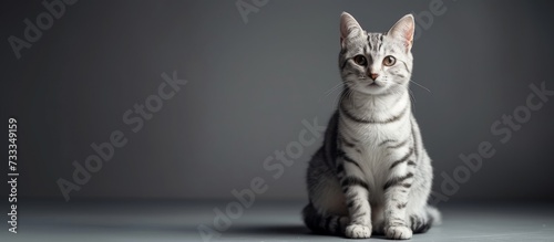 Striped White Cat Sitting on Gray Background - The perfect portrait of a stunning striped white cat sitting gracefully against a serene gray background photo