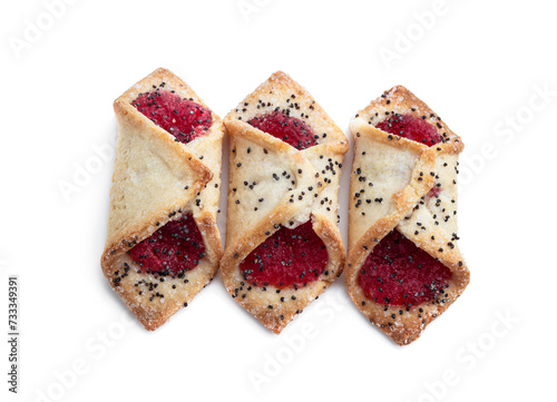 Mini biscuits filled with berry jam isolated on white background