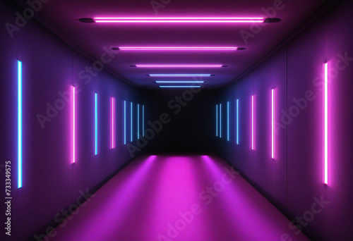 Neon light abstract background. Tunnel or corridor pink blue purple neon glowing lights. Laser lines and LED technology create glow in dark room. Cyber club neon light stage room.