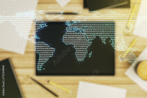 Multi exposure of abstract creative digital world map and modern digital tablet on background  top view  tourism and traveling concept