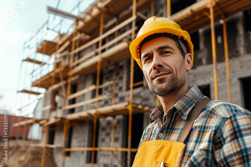 Portrait of builder wearing protective helmet and uniform on background of house under construction, Male contractor on building construction
