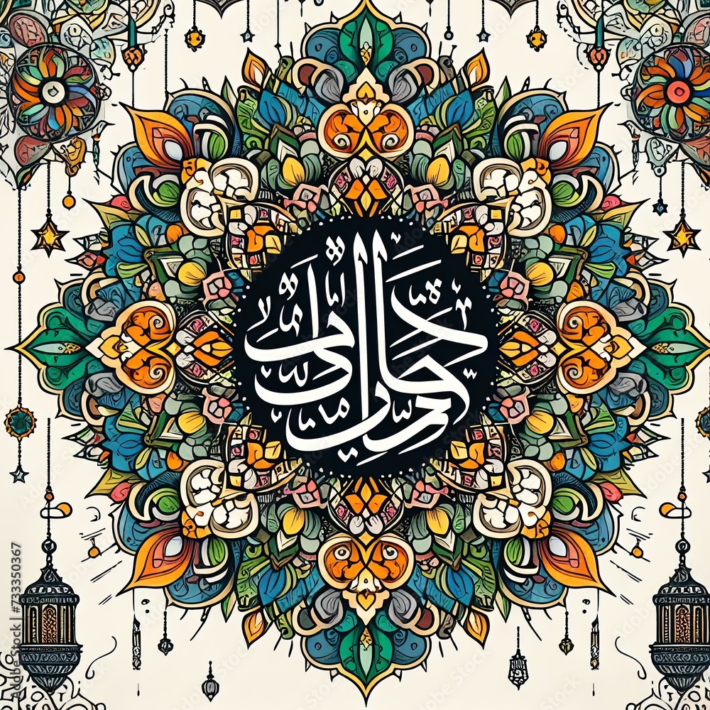 Flower ornament in the oriental style on a light background. The center depicts Arabic calligraphy. Illustration by Generation AI. Flower ornament in the oriental style on a light background. The center depicts Arabic calligraphy. Illustration by Generation AI.