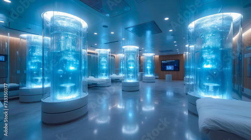 Advanced cryogenic storage system with illuminated chambers in a tech facility. Cryogenic Chambers for freezing bodies © Svetlana Kolpakova