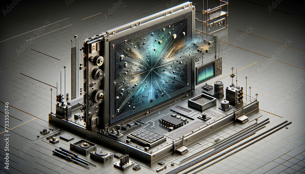 Cutting-edge OLED screen with digital disintegration effect in a sleek and industrial design.