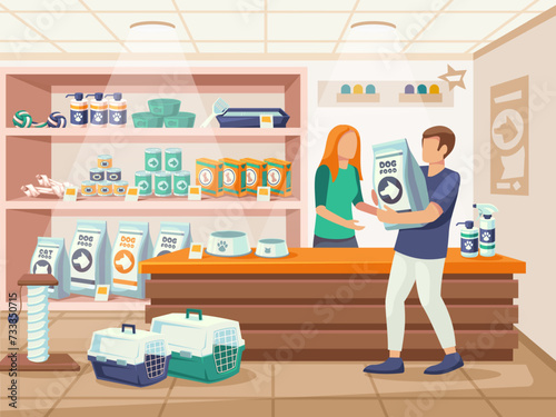 People in pet store. Customer purchasing large bag of dog food in animal care shop cartoon vector illustration
