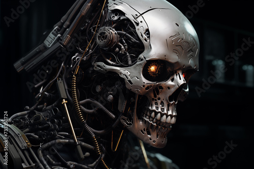 Scary AI operated robot face with red lights instead eyes and many detailed patterns. Generative AI