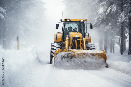Bulldozer pushing snow off roads and clearing pathways during a winter snowstorm. Generative AI