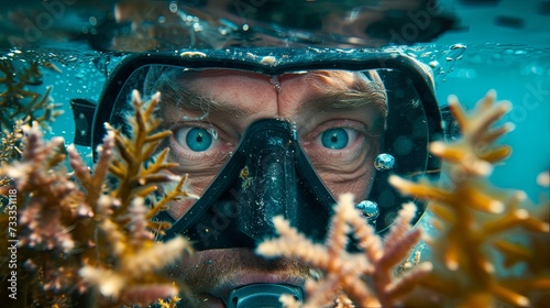 Diver on sea bottom with fish corals. Scuba diving concept. Sea resort wallpaper background © Irina