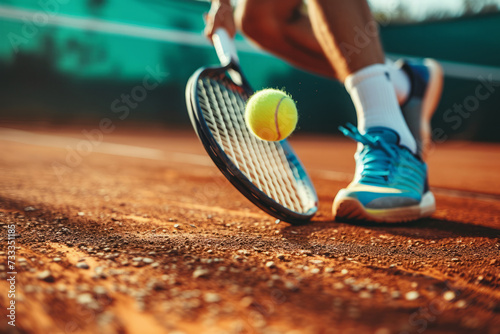 Close up of tennis player with racket on court. Athlete in action on tennis court