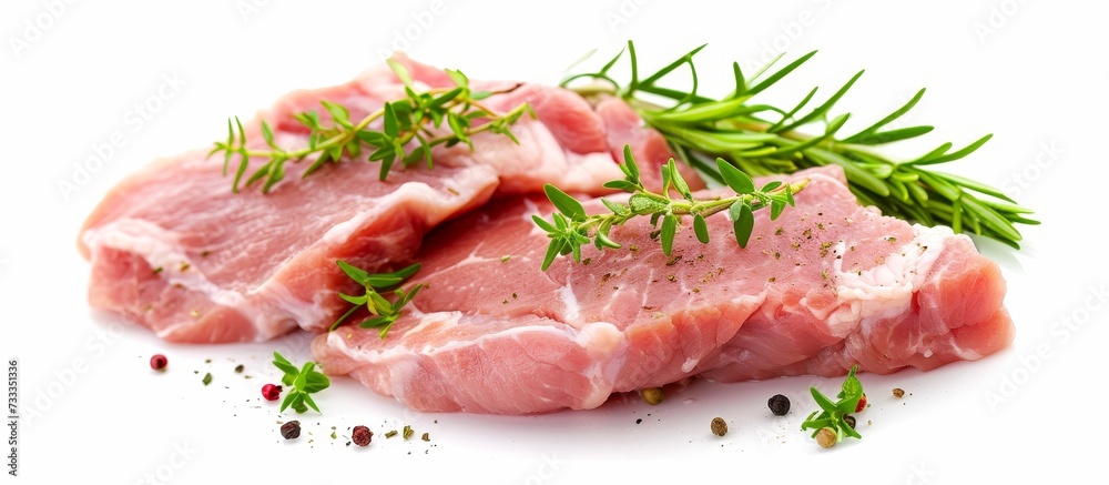 A piece of raw pork seasoned with rosemary and pepper, ready to be cooked. This animal product is a key ingredient in many dishes across different cuisines. A piece of raw pork seasoned with rosemary and pepper, ready to be cooked. This animal product is a key ingredient in many dishes across different cuisines.