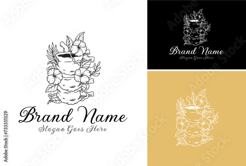 Set of Floral Spinal Logos. Lumbar osteochondrosis line black icon. Orthopedics diseases. Lumbar Spine Logo Design.