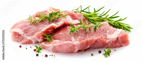 A piece of raw pork seasoned with rosemary and pepper, ready to be cooked. This animal product is a key ingredient in many dishes across different cuisines.