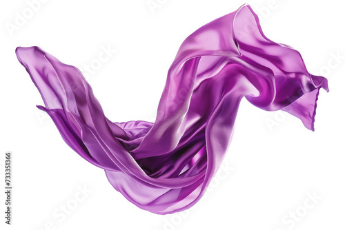 Elegant purple silk fabric caught in a graceful mid-air flow against a white background.